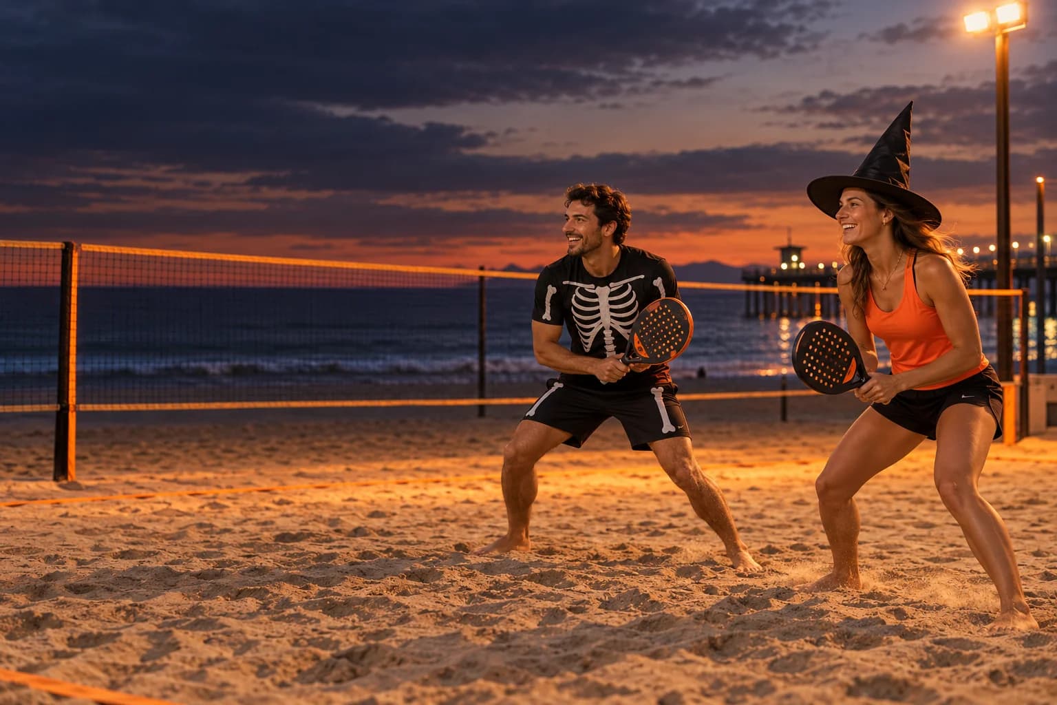 Beach tennis players in Halloween costumes on a sunset court